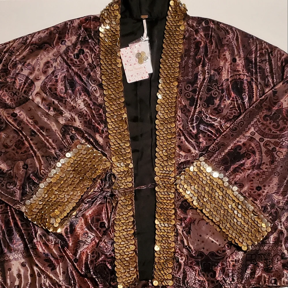 NWT🌹 Free People Layla Gold Embellished Velvet Silky Wrap Kimono Jacket, XS - Picture 12 of 13